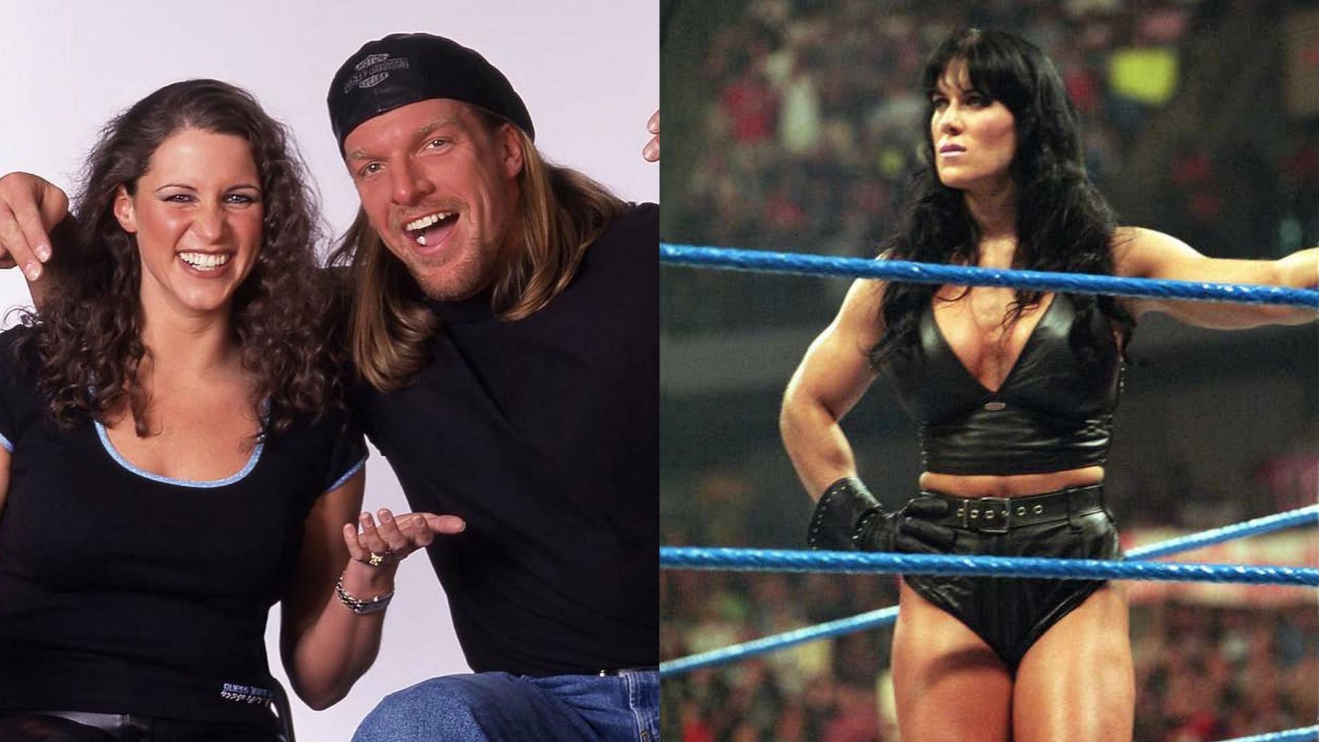 Triple H with Stephanie McMahon (left) and Chyna (right)