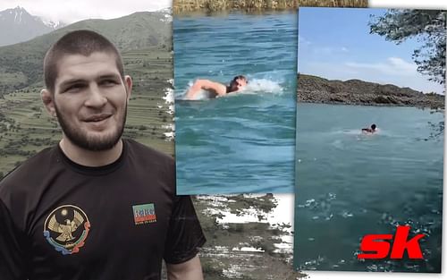 Khabib Nurmagomedov swimming (Images courtesy of @khabib_nurmagomedov Instagram and @btsport Twitter)