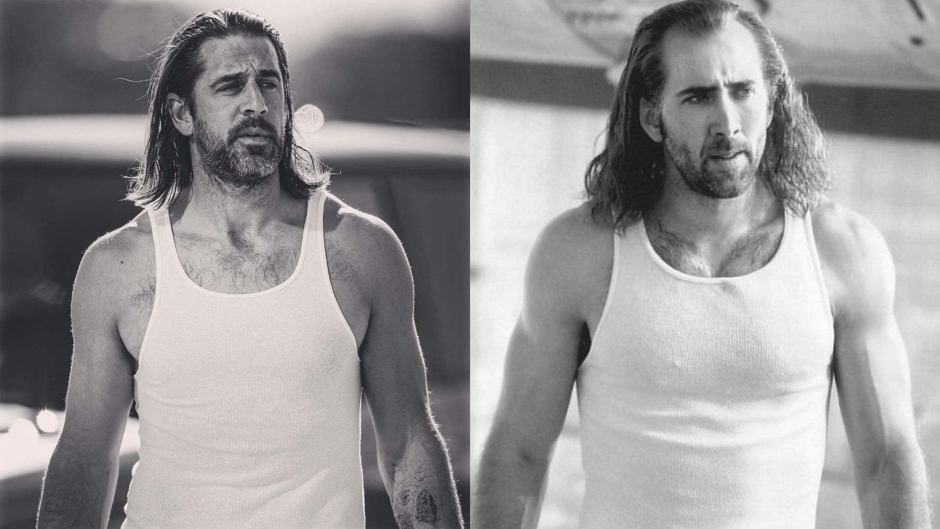 Aaron Rodgers&#039; Con Air inspired look, and Nic Cage in Con Air (Image via aaronrodgers12/Instagram, and Buena Vista Pictures Distribution)