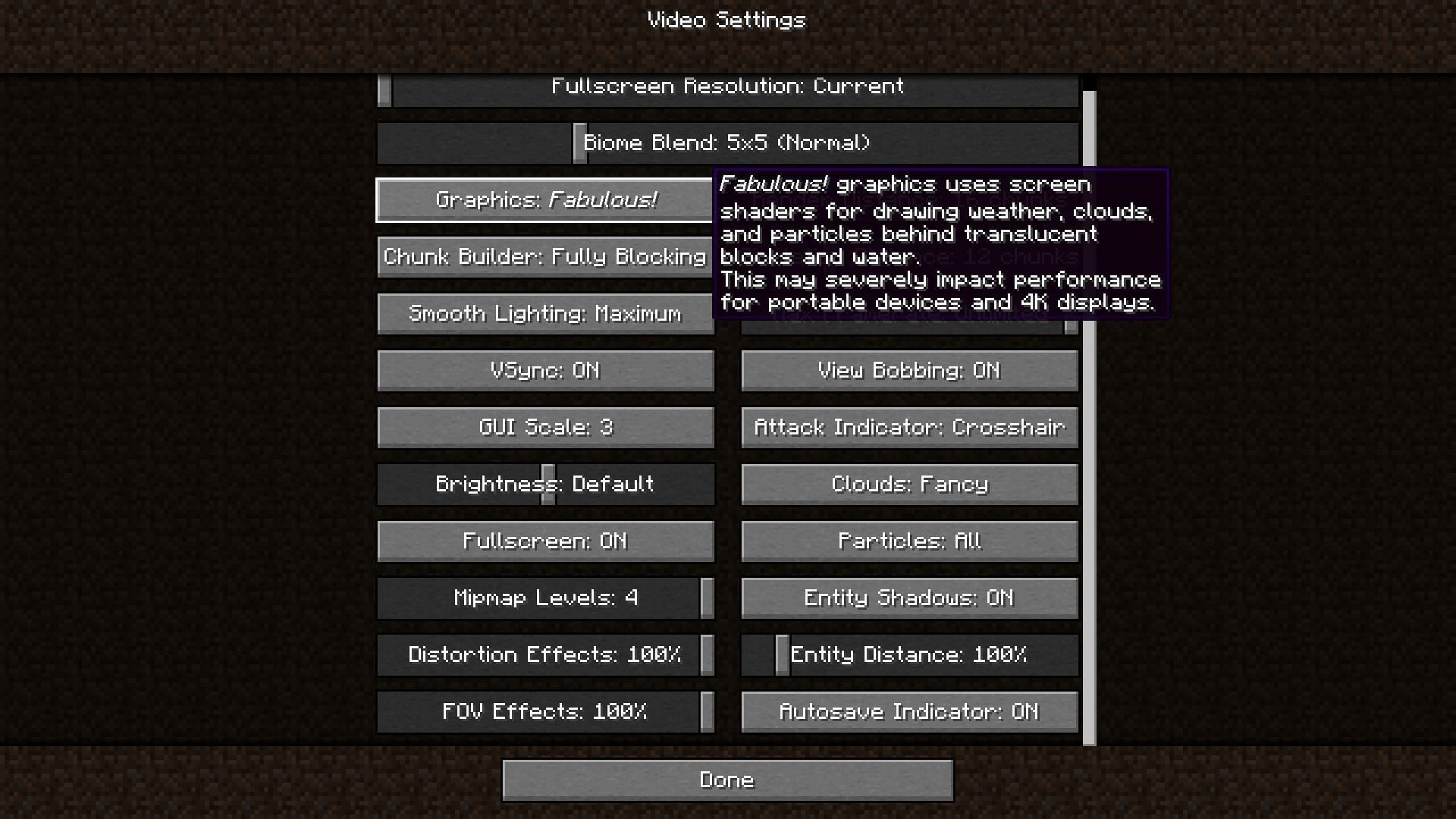 The in-game explanation of the Fabulous! graphics setting (Image via Minecraft)