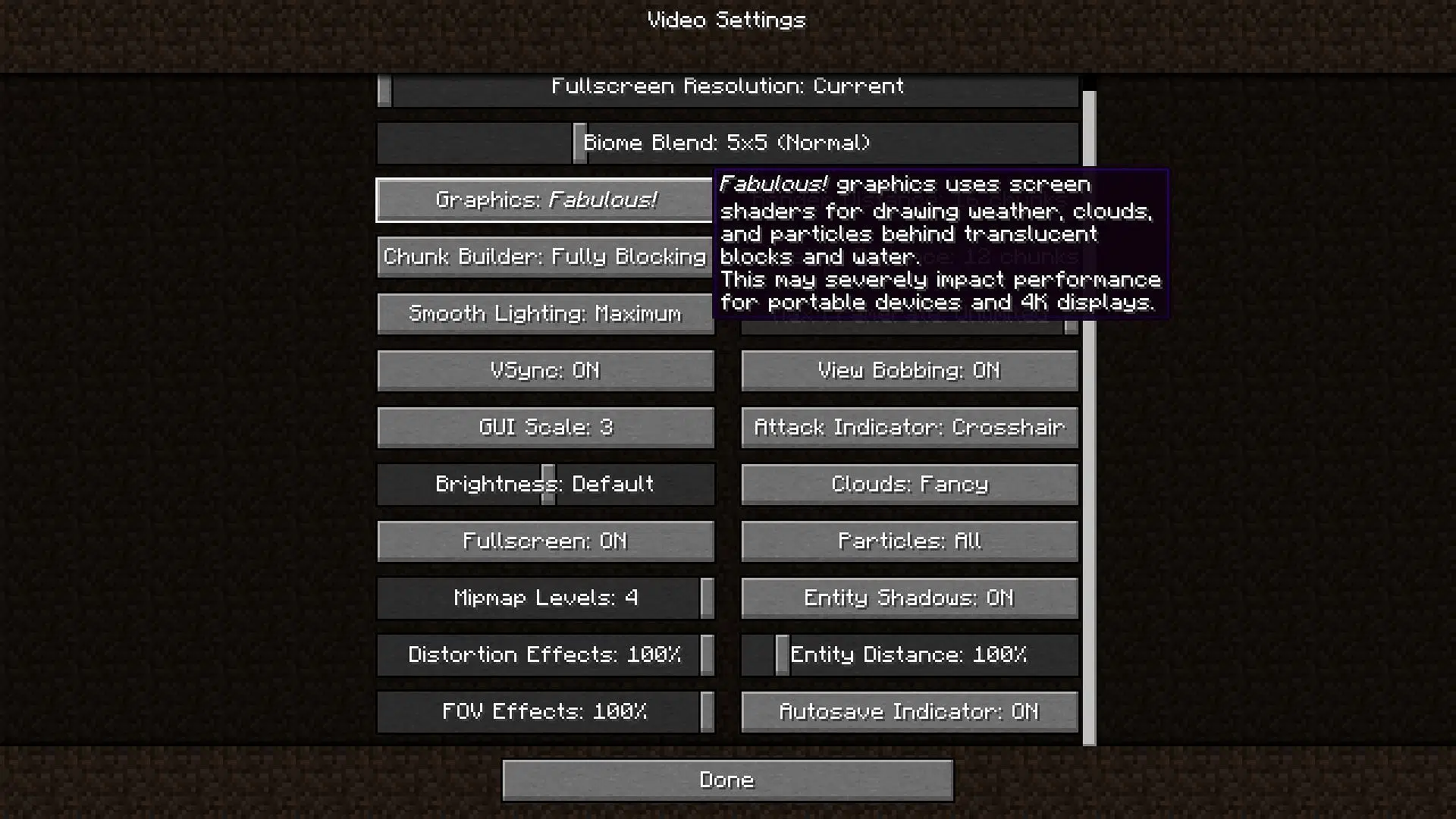 The in-game explanation of the Fabulous! graphics setting (Image via Minecraft)