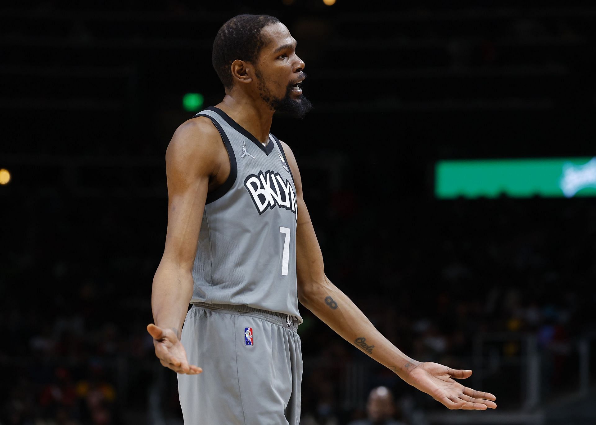 Kevin Durant of the Brooklyn Nets reacts against the Atlanta Hawks on April 2 in Atlanta, Georgia.