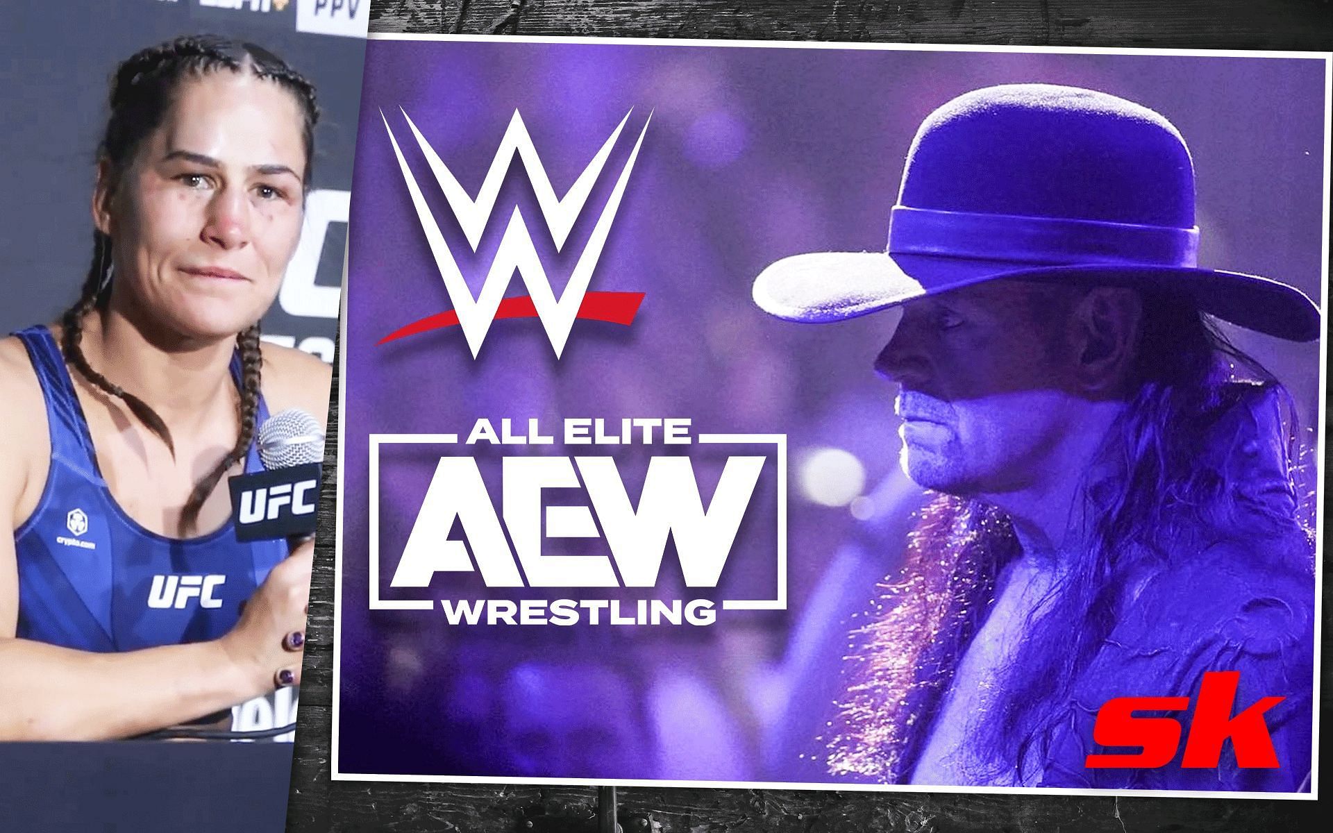 Jessica Eye (L) [via @Sportskeeda MMA Originals on YouTube], The Undertaker (R) [via @undertaker on Instagram], WWE and AEW logos [via @wwe and @allelitewrestling on Instagram]