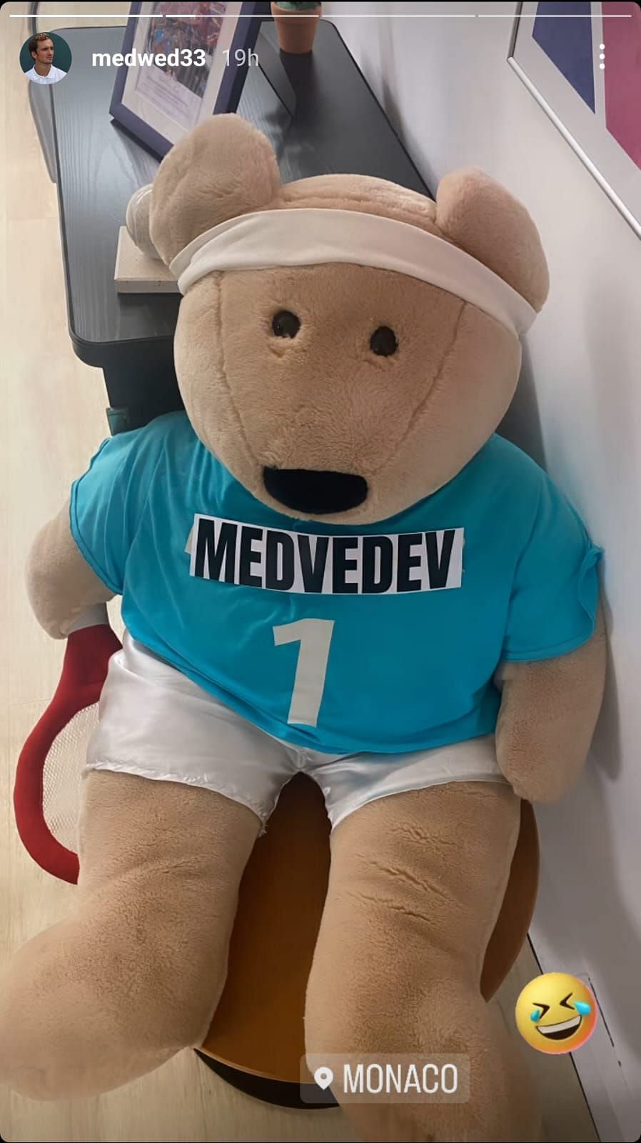 The stuffed animal wearing a t-shirt with Medvedev&#039;s name and ranking on it