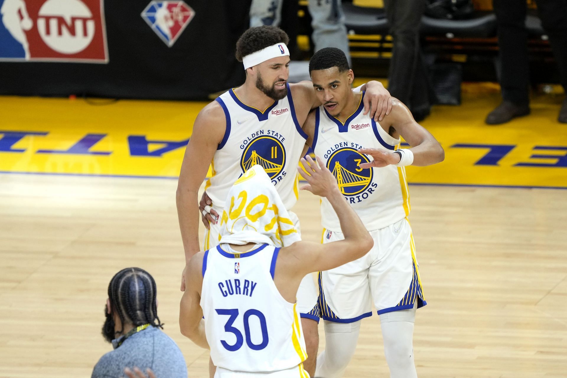 Klay Thompson, Jordan Poole and Steph Curry of the Golden State Warriors