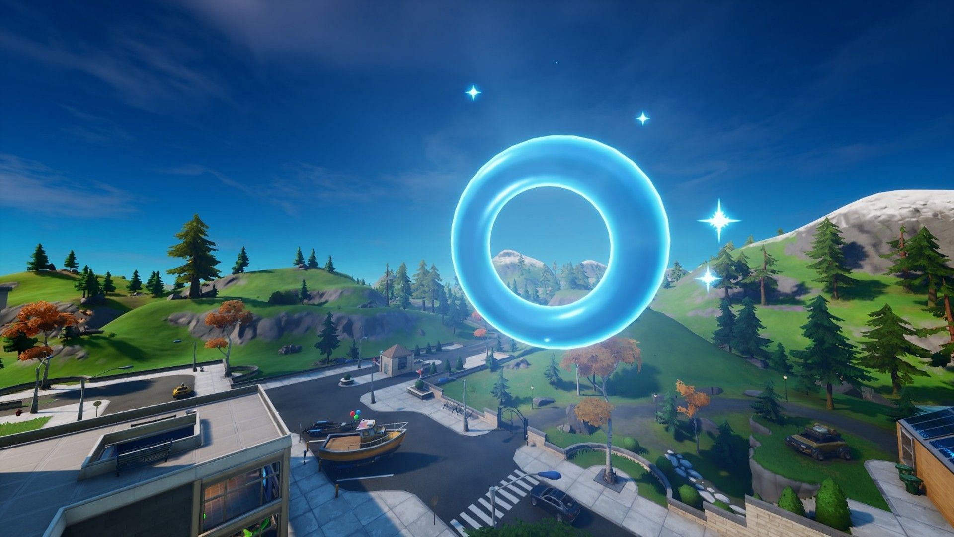 Easily collect blue floating rings in Reality Falls (Image via Epic Games)