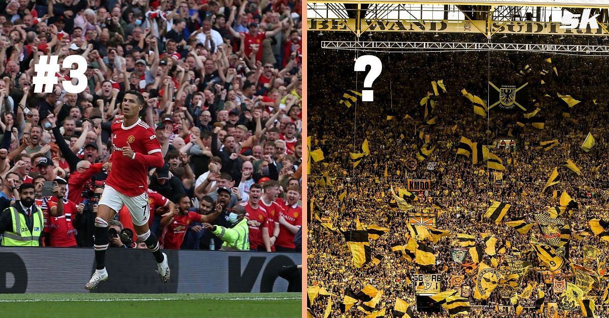 Cristiano Ronaldo at Old Trafford (left) and the Yellow Wall at the Signal Iduna Park (right)