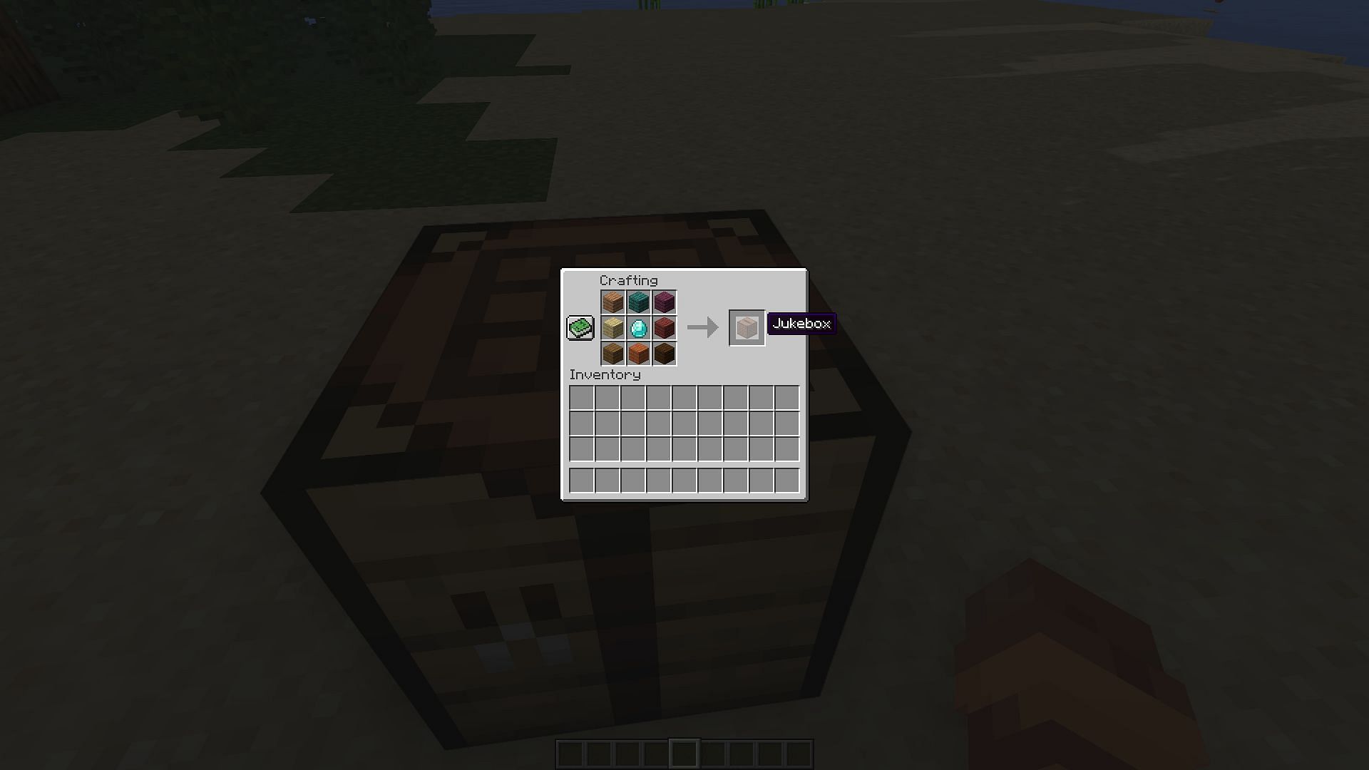 The jukebox crafting recipe using eight different plank types (Image via Minecraft)