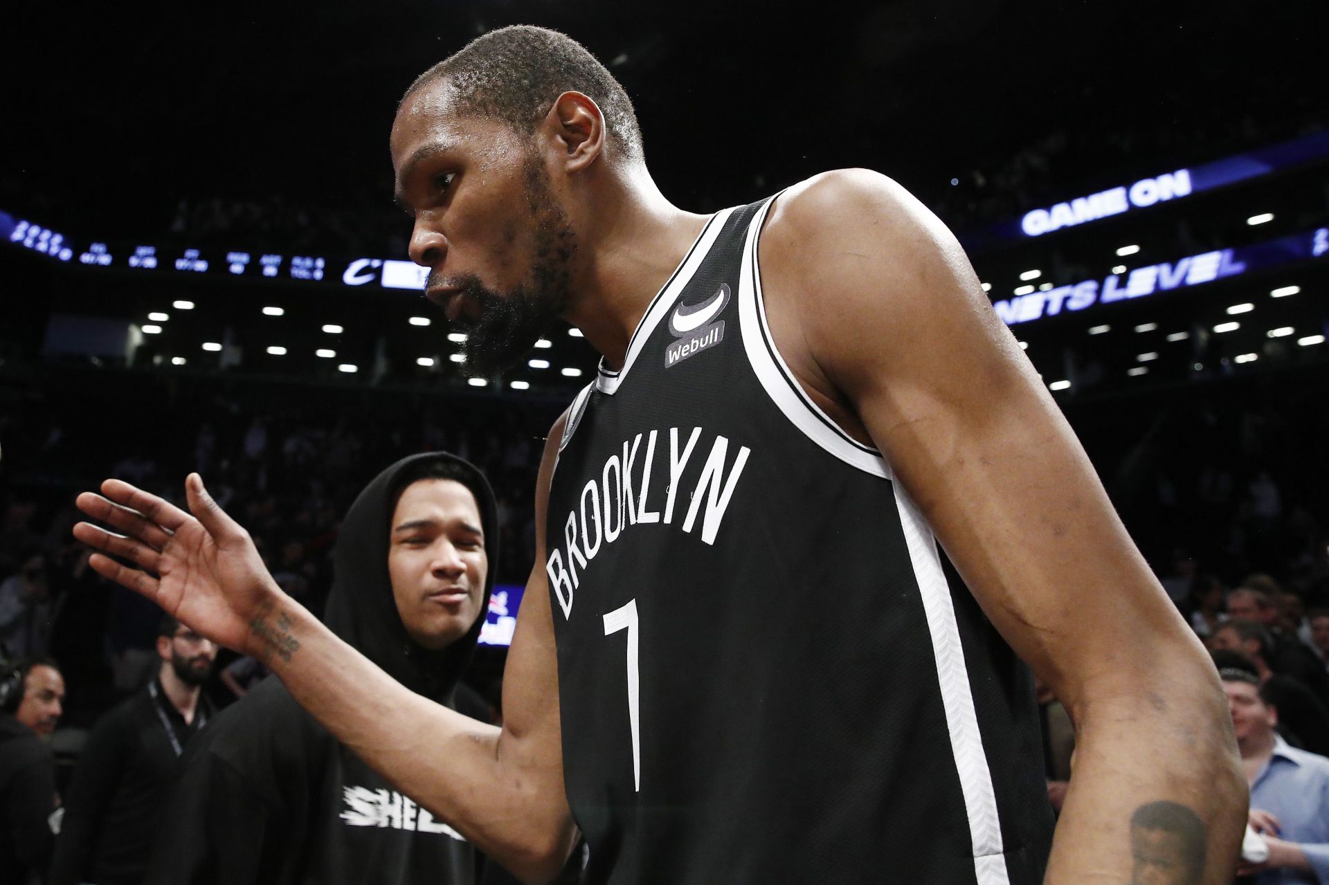 Kevin Durant #7 of the Brooklyn Nets walks off the court after the second half of the Eastern Conference 2022 Play-In Tournament against the Cleveland Cavaliers at Barclays Center on April 12, 2022 in the Brooklyn borough of New York City.