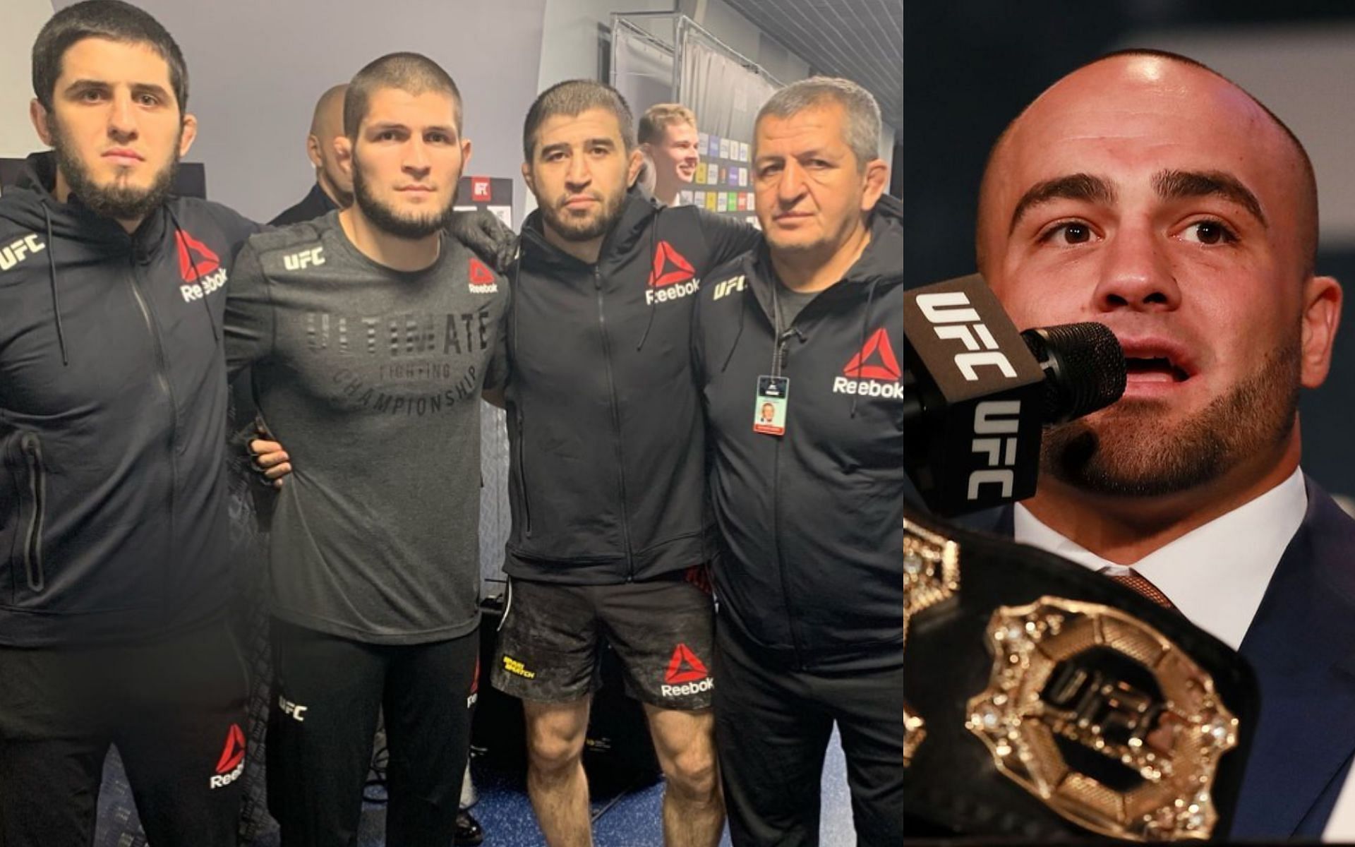 Islam Makhachev and Khabib Nurmagomedov (left. Image credit: @islam_makhachev on Instagram), Eddie Alvarez (right. Image credit: Michael Reaves/Getty Images)