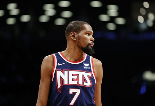 Kevin Durant #7 of the Brooklyn Nets looks on during the second half against the Indiana Pacers at Barclays Center on April 10, 2022 in the Brooklyn borough of New York City. The Nets won 134-126.