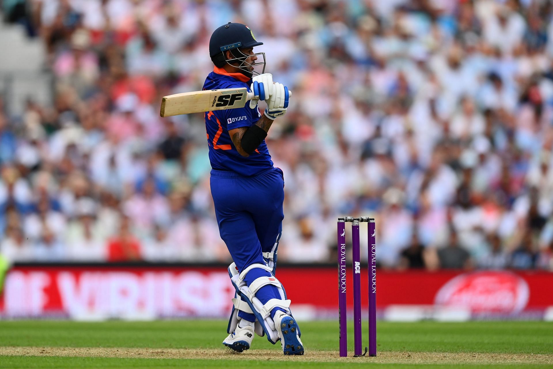 Shikhar Dhawan in action during the first ODI against England
