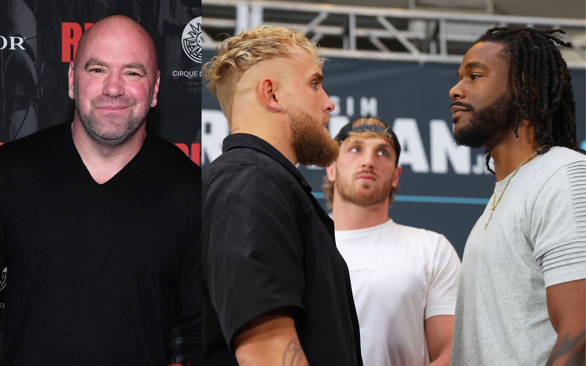 Dana White (left) Jake Paul and Hasim Rahman Jr. (right)