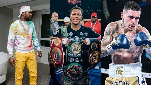 Floyd Mayweather (left, @floydmayweather), Devin Haney (center, @realdevinhaney), George Kambosos Jr. (right, @georgekambososjr) [images courtesy of Instagram]