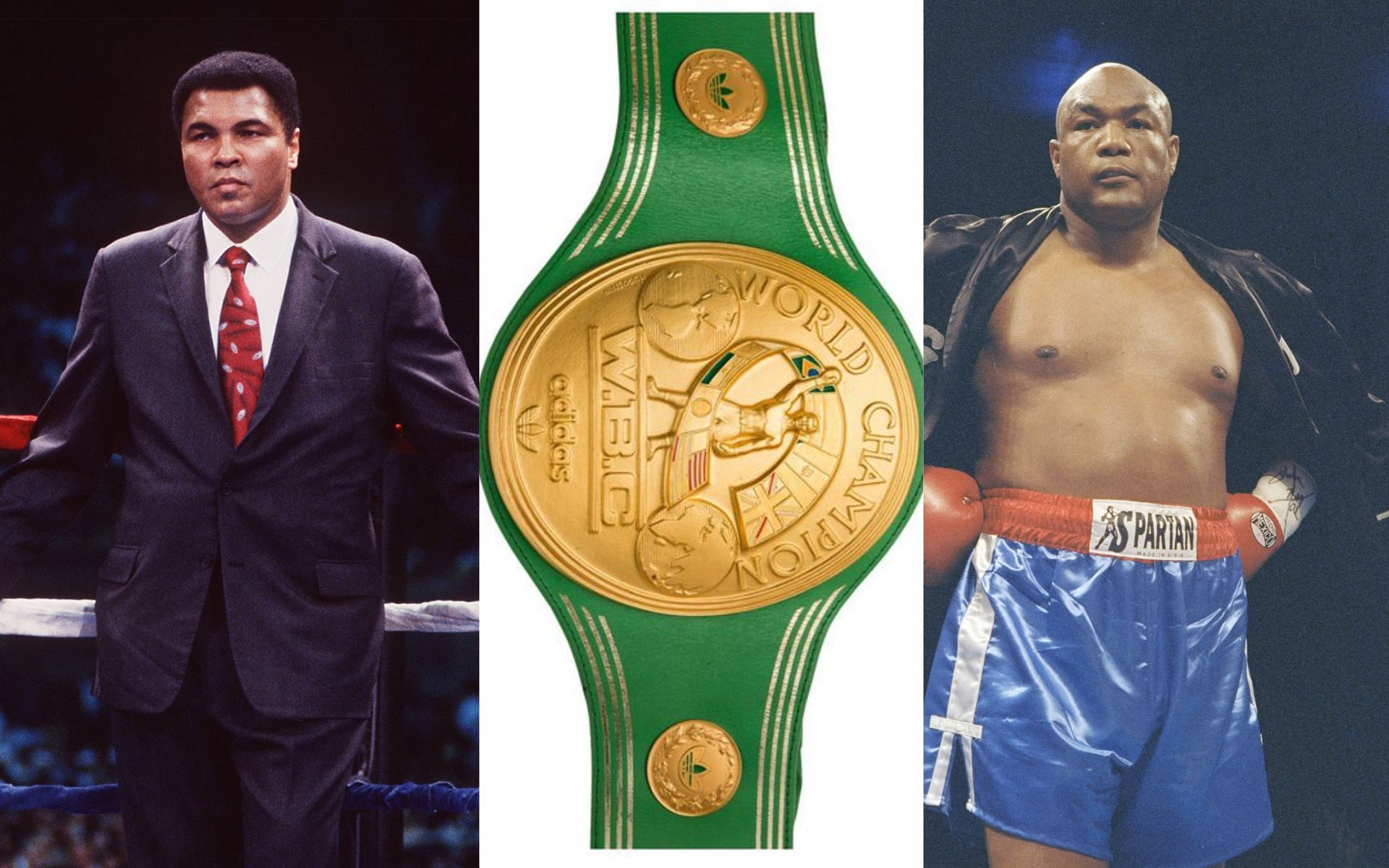 Muhammad Ali (left), the WBC belt (center), and George Foreman (right) (image credits Getty Images)