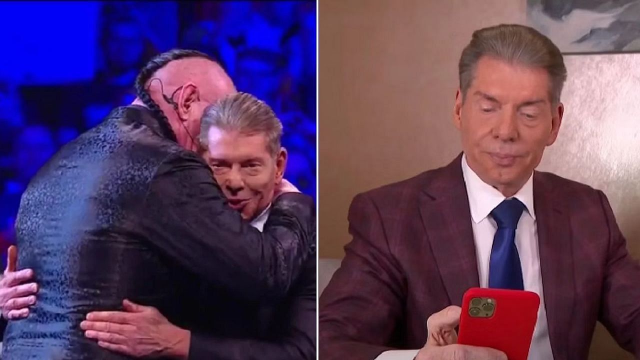 Vince McMahon and The Undertaker embrace at the Hall of Fame (left); McMahon in his office (right)