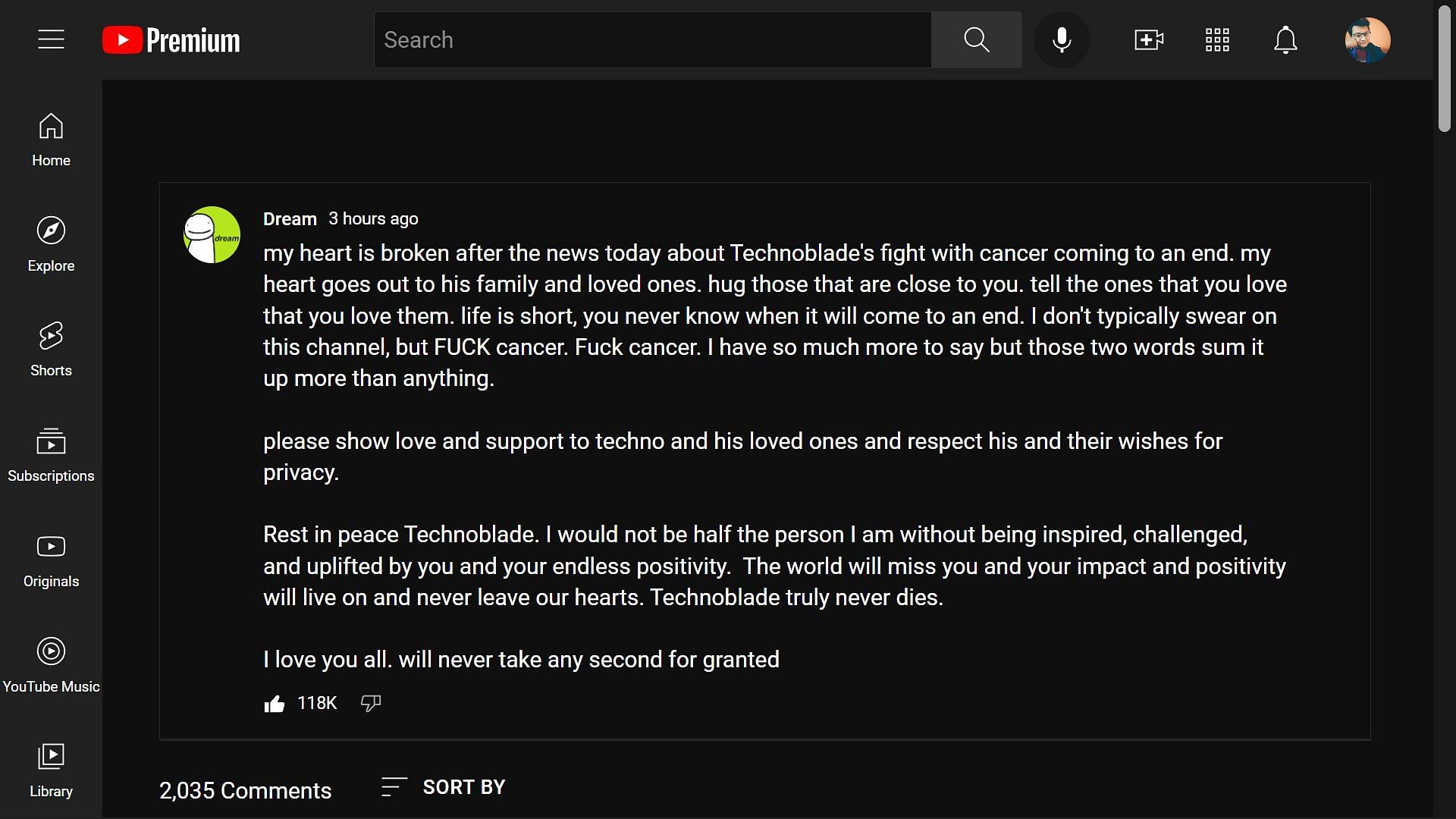 Dream&#039;s YouTube post addressing Techno&#039;s death (Image via Sportskeeda)