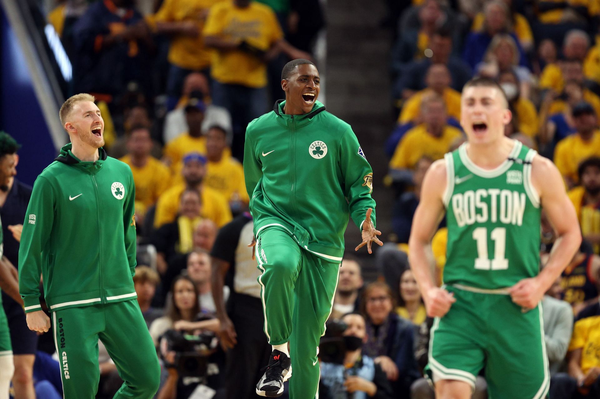 Malik Fitts of the Boston Celtics reacts with his teammates during Game 1 of the 2022 NBA Finals