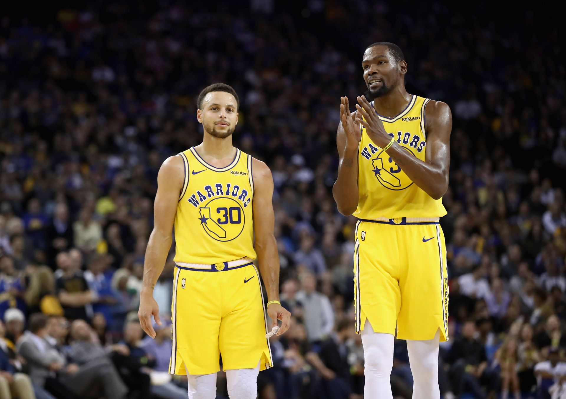 Steph Curry, left, and Kevin Durant as teammates with the Golden State Warriors in 2018