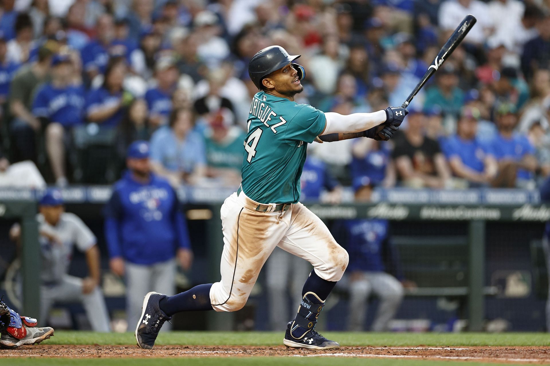 Julio Rodriguez swings at a pitch during a Toronto Blue Jays v Seattle Mariners game