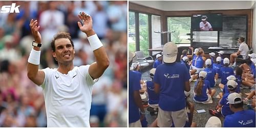 Fans from the Rafa Nadal Academy in Chicago cheer for the Spaniard during his Wimbledon quarterfinal