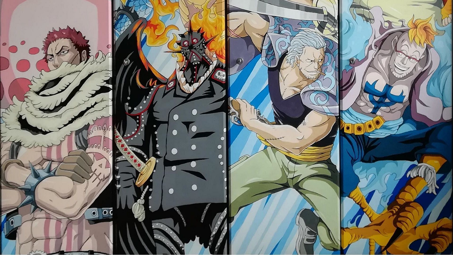 From left to right, Charlotte Katakuri, King, Benn Beckman, and Marco, the right-hand men of the four original Yonko (Image via Eiichiro Oda/Shueisha/Toei Animation, One Piece)