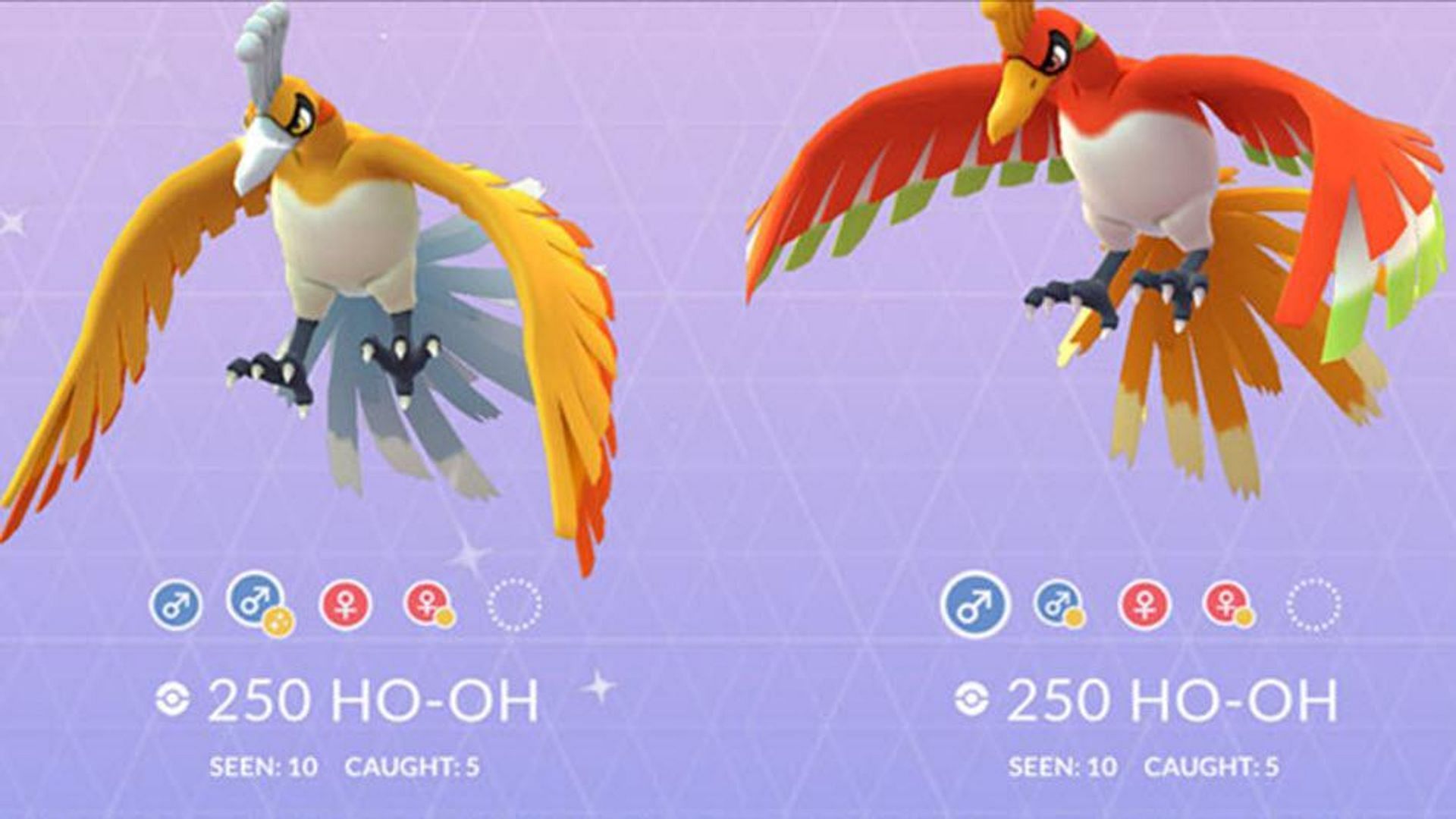 Shiny Ho-Oh (left) alongside a standard Ho-Oh (right) (Image via Niantic)