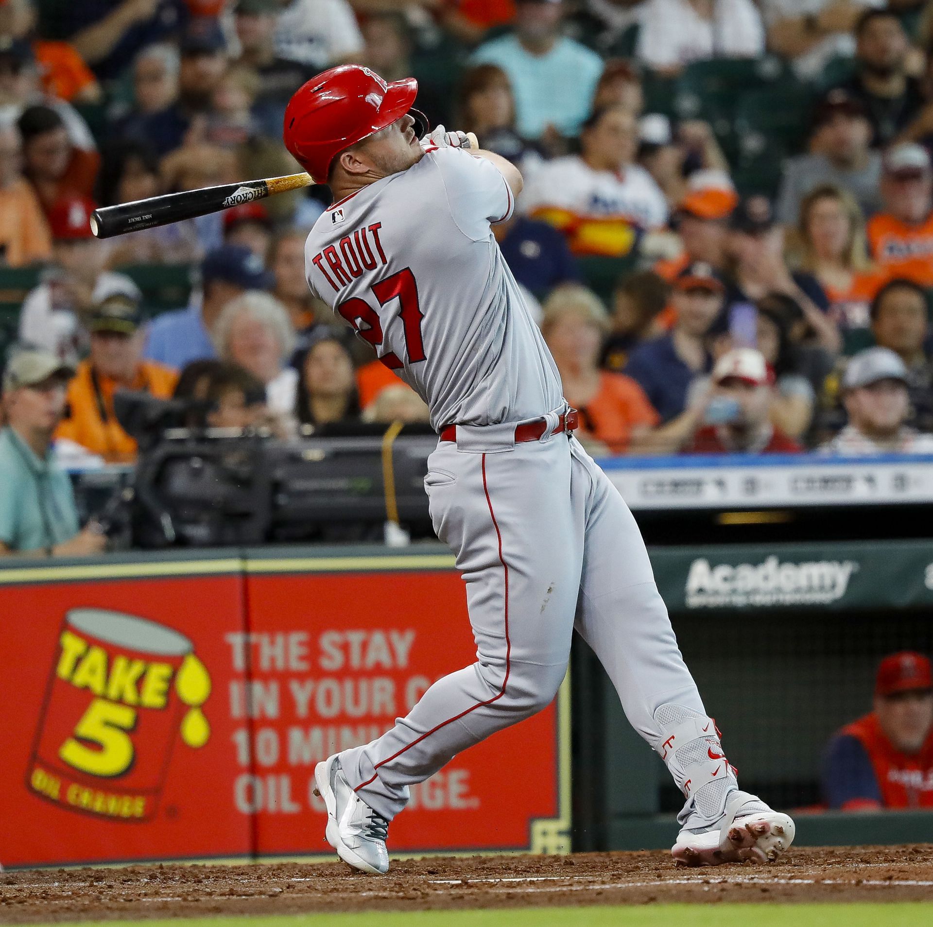 Mike Trout of the Los Angeles Angels strikes out in the third inning against the Houston Astros at Minute Maid Park on July 2 in Houston, Texas.