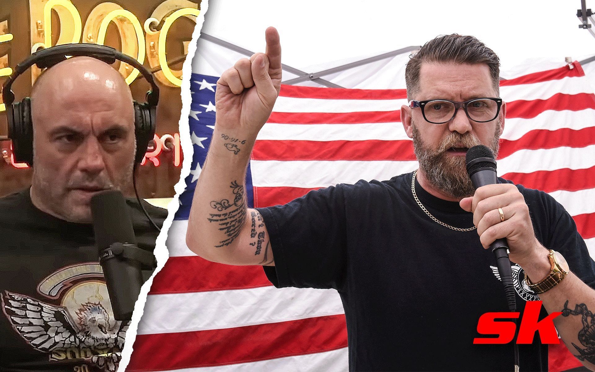 Joe Rogan (left) Gavin McInnes (right) (image courtesy @Powreful JRE YouTube and @nbcnews.com)