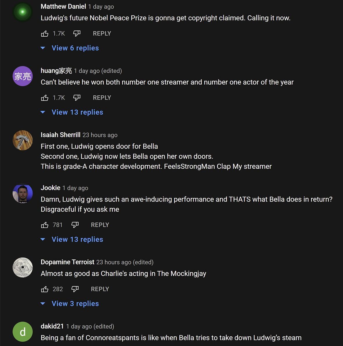 Fans in the YouTube comments section reacting to the streamer&#039;s clip 1/2 (Ludwin Clips/YouTube)