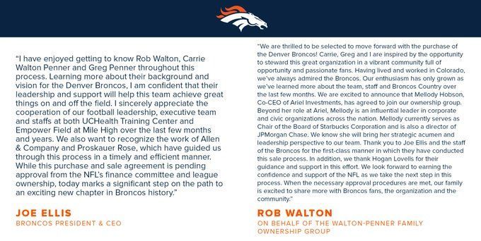 Denver Broncos - Statement from Rob Walton on behalf of the Walton-Penner  Family Ownership Group: