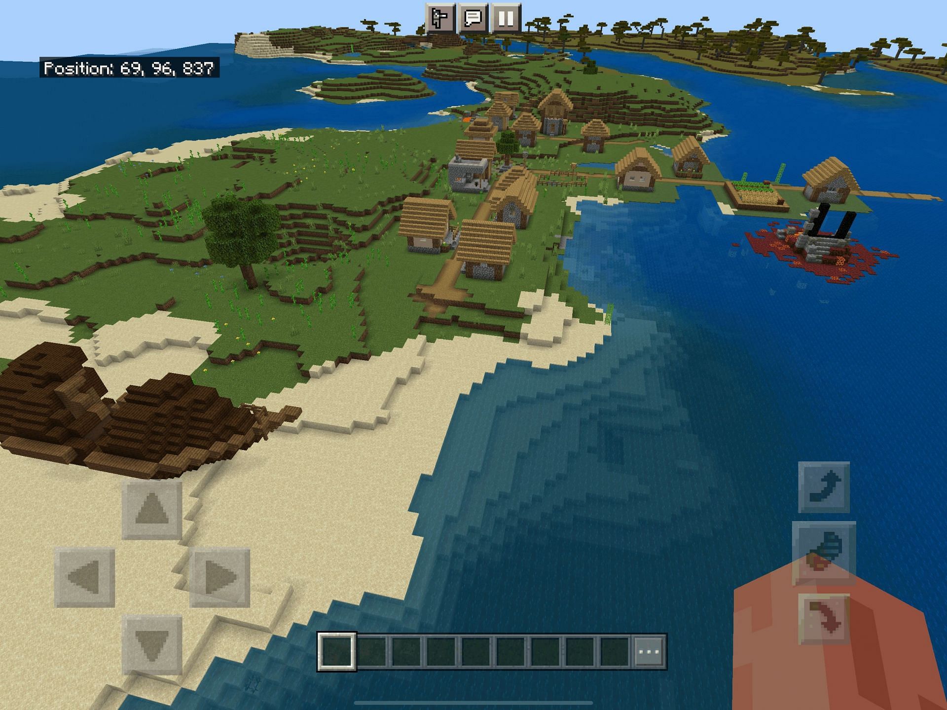 The village, shipwreck and ruined portal that players spawn near (Image via Mojang, Minecraft)