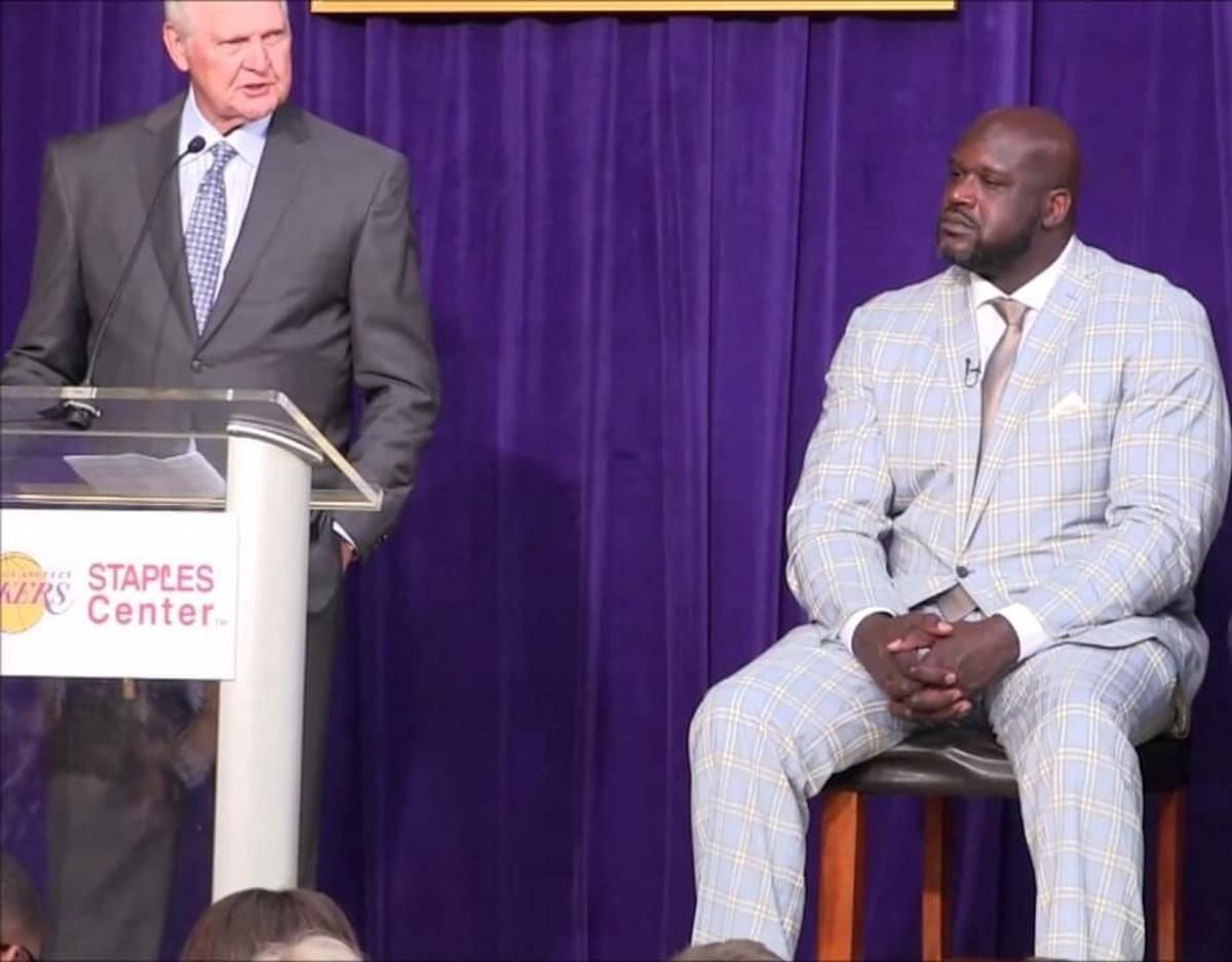 LA Lakers legends Jerry West, left, and Shaquille O'Neal