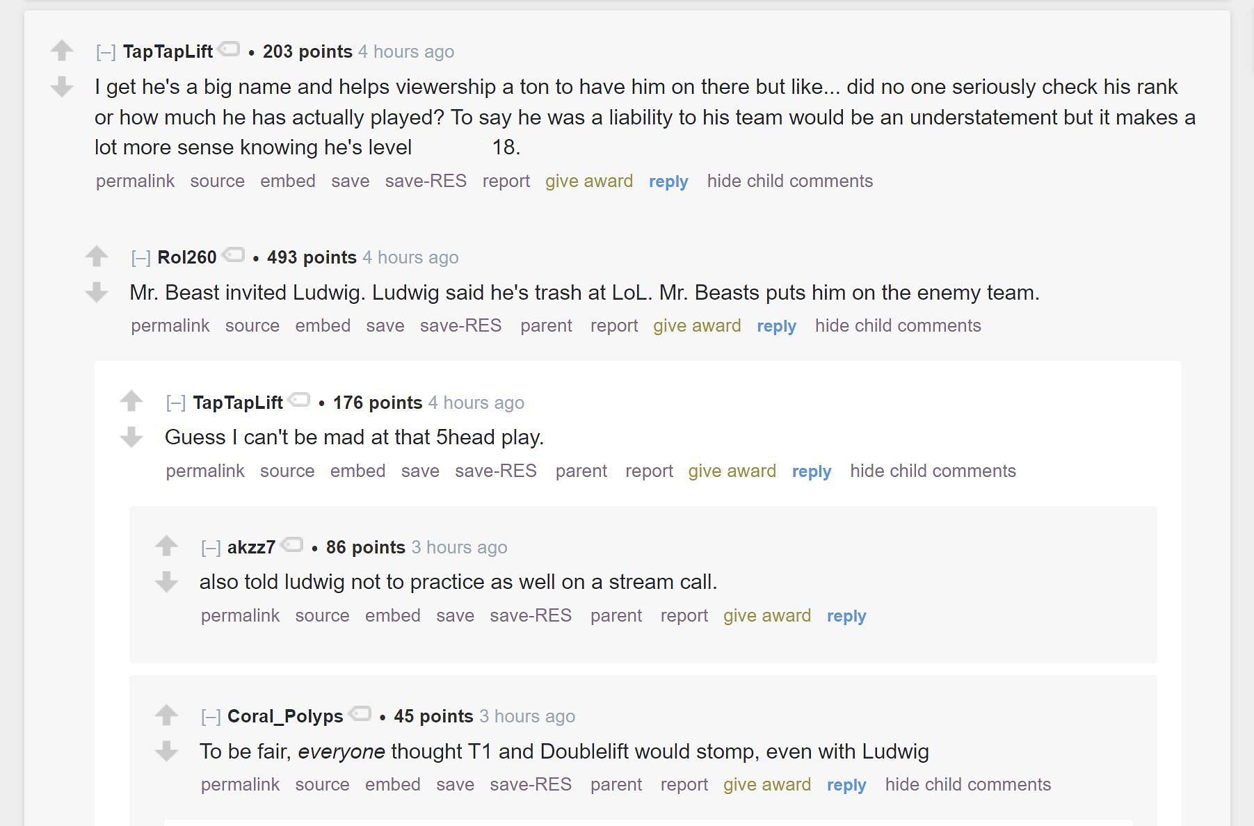 Redditors discuss Lugwig&#039;s performance in the match (Image via r/LivestreamFail)