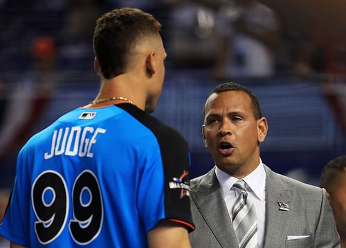 Alex Rodriguez chats with Aaron Judge at the 88th MLB All-Star Game batting practice.