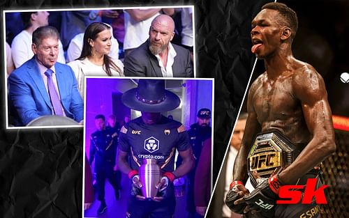 Vince McMahon, Stephanie McMahon, Triple H (Top Left)(via @mma_lockerroom on Twitter), Israel Adesanya UFC 276 walkout (Bottom Left) (via @VadimRupets on Twitter), Israel Adesanya (Right)(via Getty)