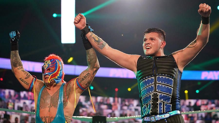 Rey Mysterio (left) with his son Dominik Mysterio (right)