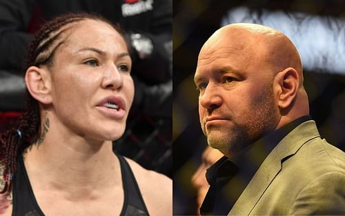 Cris Cyborg (left. Image credit: Jeff Bottari/Zuffa LLC/Getty Images), Dana White (right)