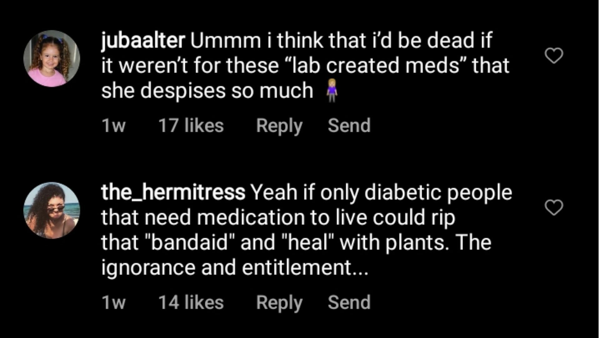 Instagram was filled with comments criticizing Catherine Mcbroom&#039;s statement on lab created medicines (Image via Instagram/@defnoodles)