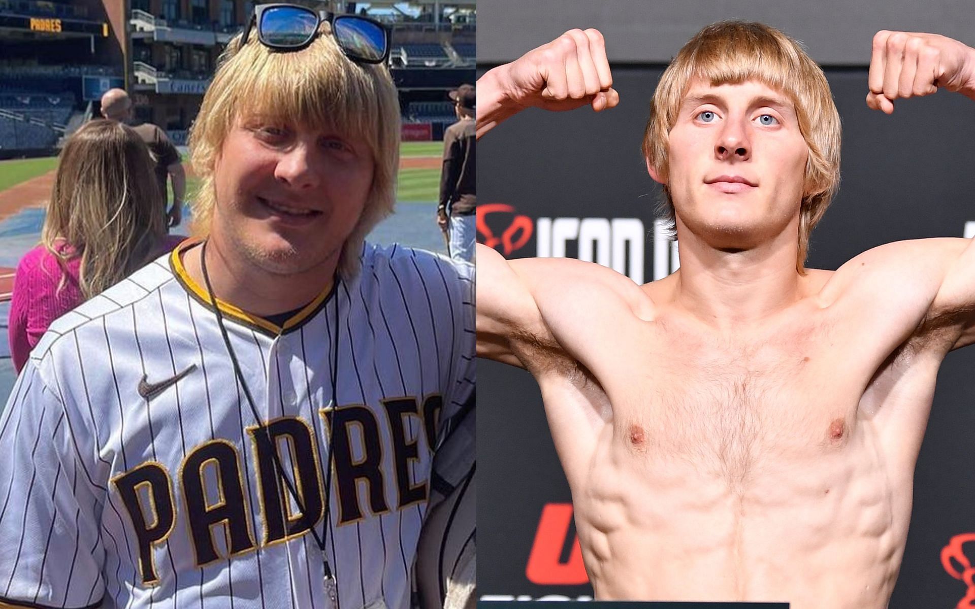Paddy Pimblett at San Diego Padres game (left) Pimblett at UFC Fight Night 191 weigh in (right) (image courtesy, left image @theufcbaddy Instagram)