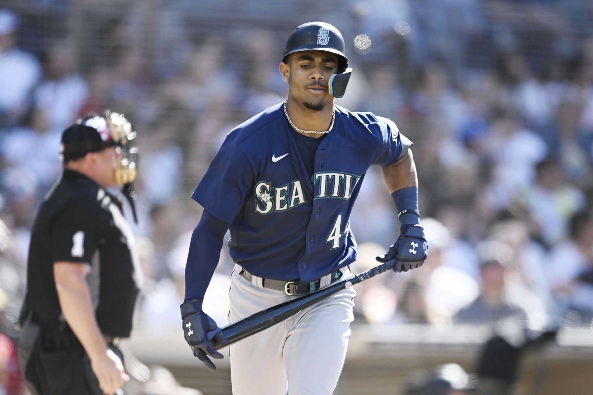 Julio Rodriguez of the Seattle Mariners hits a two-run home run during the fourth inning of a game against the San Diego Padres.