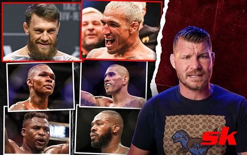 Conor McGregor vs. Charles Oliveira (top), Israel Adesanya vs. Alex Pereira (centre), Francis Ngannou vs. Jon Jones (bottom), Michael Bisping (right) [Image courtesy of Michael Bisping on YouTube]