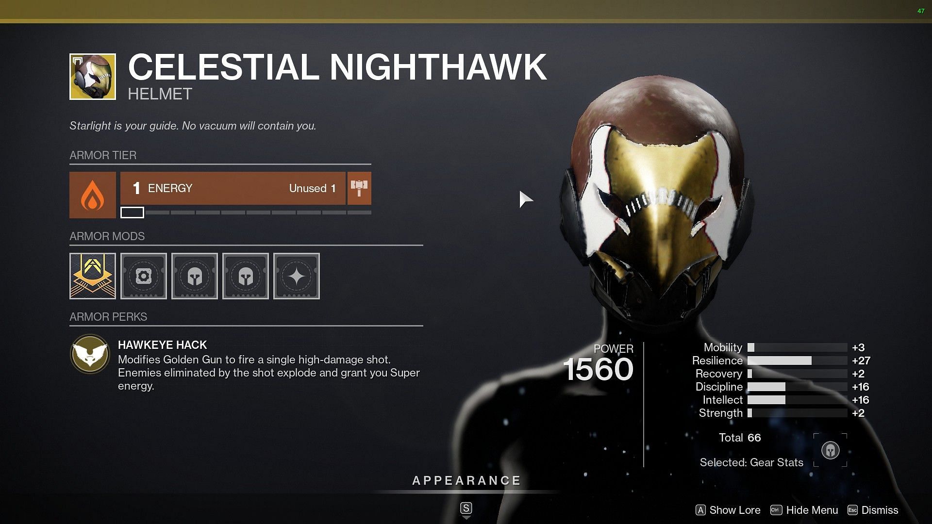 Celestial Nighthawk Exotic helmet (Image via Destiny 2)