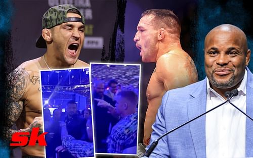 Dustin Poirier (L), Michael Chandler (C), Daniel Cormier (R), Poirier-Chandler altercation (center front) [Images via @GilbertDurinho on Twitter]