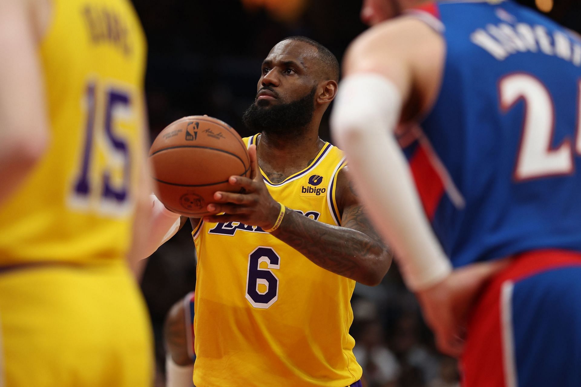 LeBron James of the LA Lakers attempts a free throw.