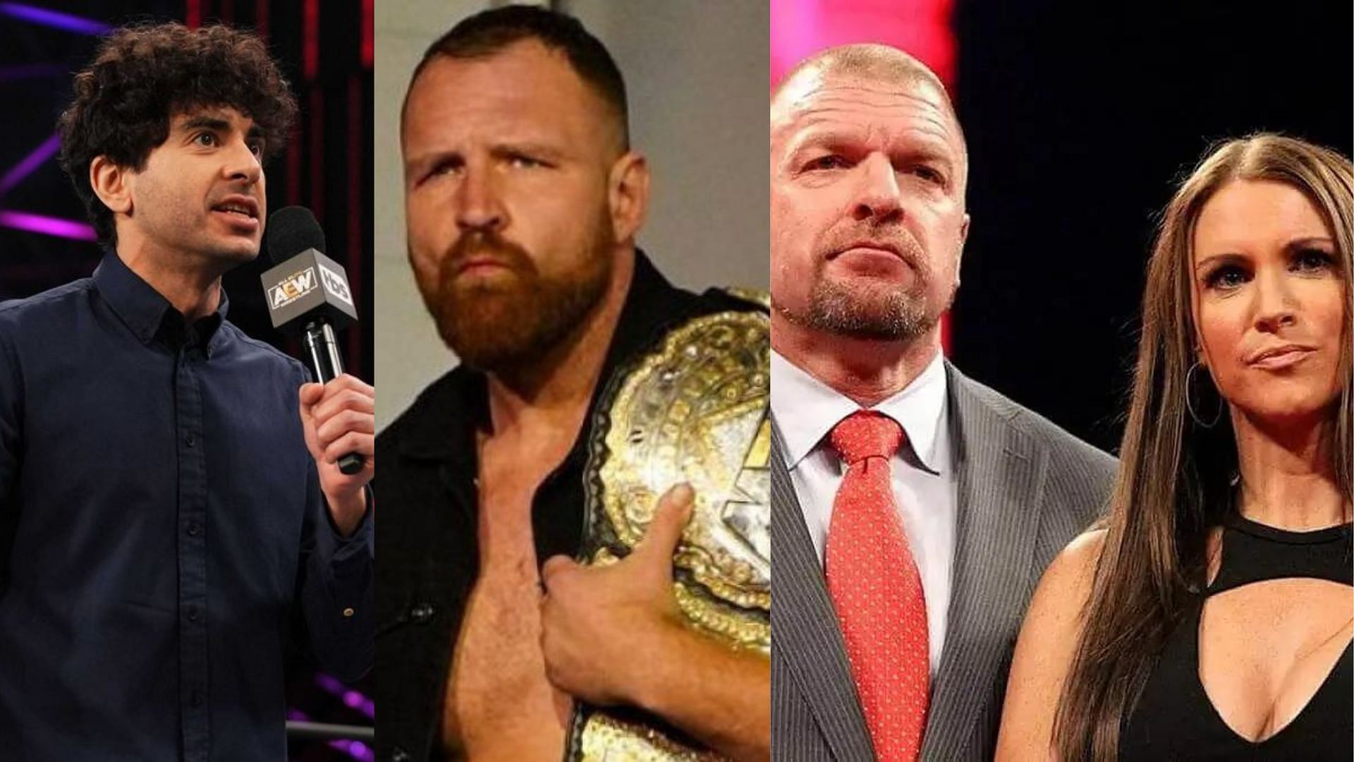 Tony Khan (left); Jon Moxley (center); Triple H and Stephanie McMahon (right)