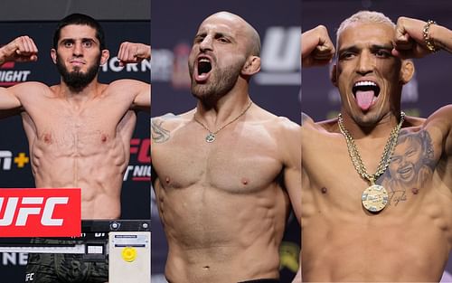 Islam Makhachev (L); Alexander Volkanovski (M); Charles Oliveira (R