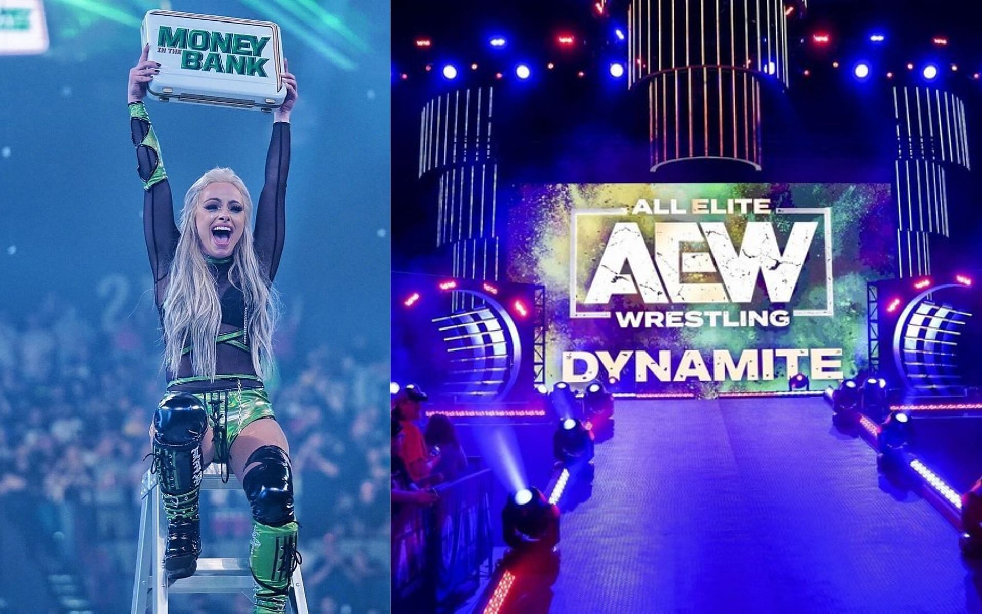 Liv Morgan with the WWE Money in the Bank briefcase (left) and AEW entrance (right).