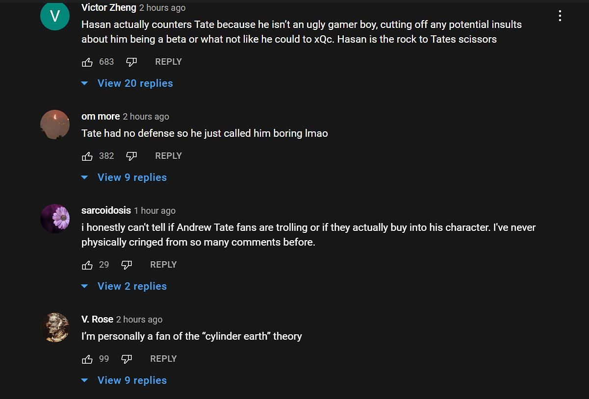 Fans commenting about Tate&#039;s debating skills (Image via Ludwin Clips/YouTube)