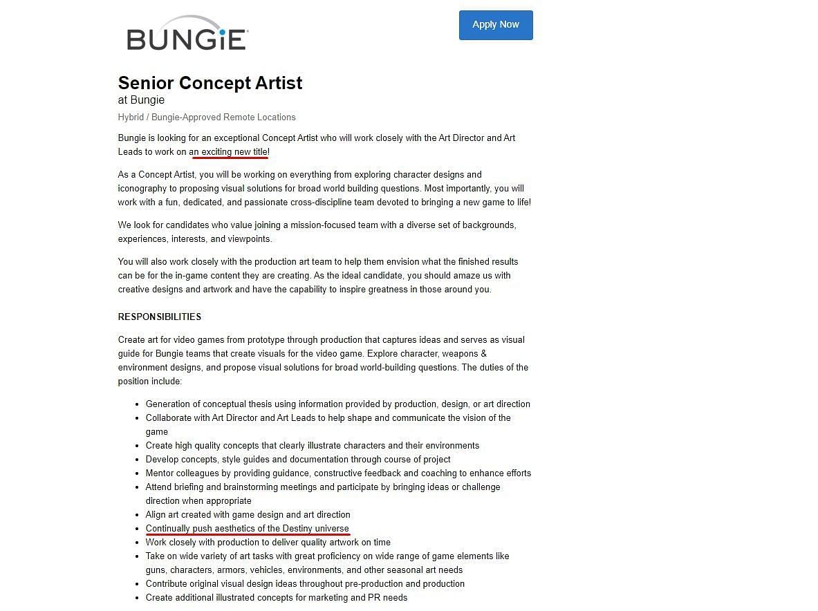 Bungie&#039;s job description for a new Senior Concept Artist (Image via Sportskeeda)